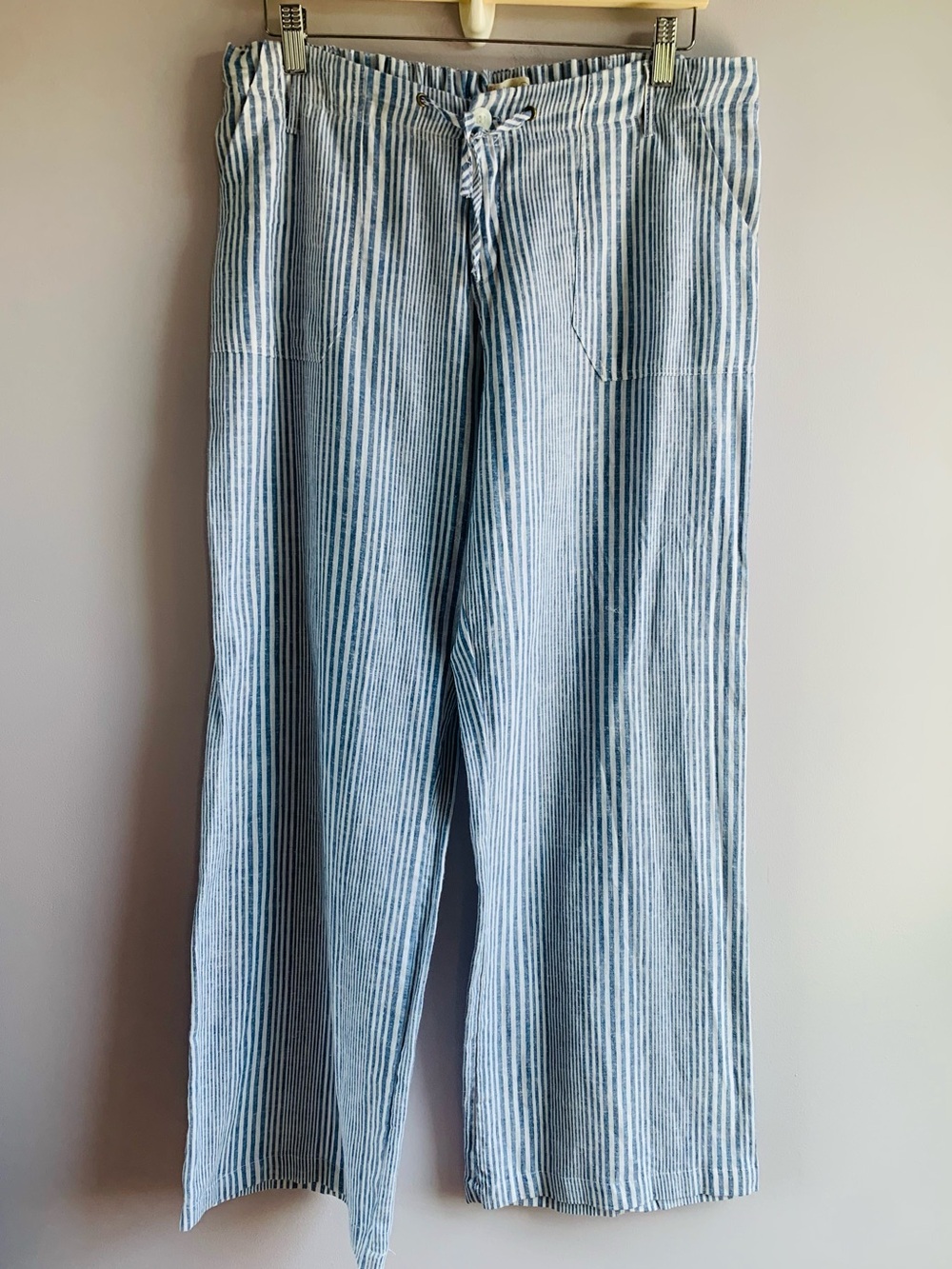 Wide Leg Pants Zip Up Cotton Linen Stripe Blue White Summer Vacation Beach EUC L